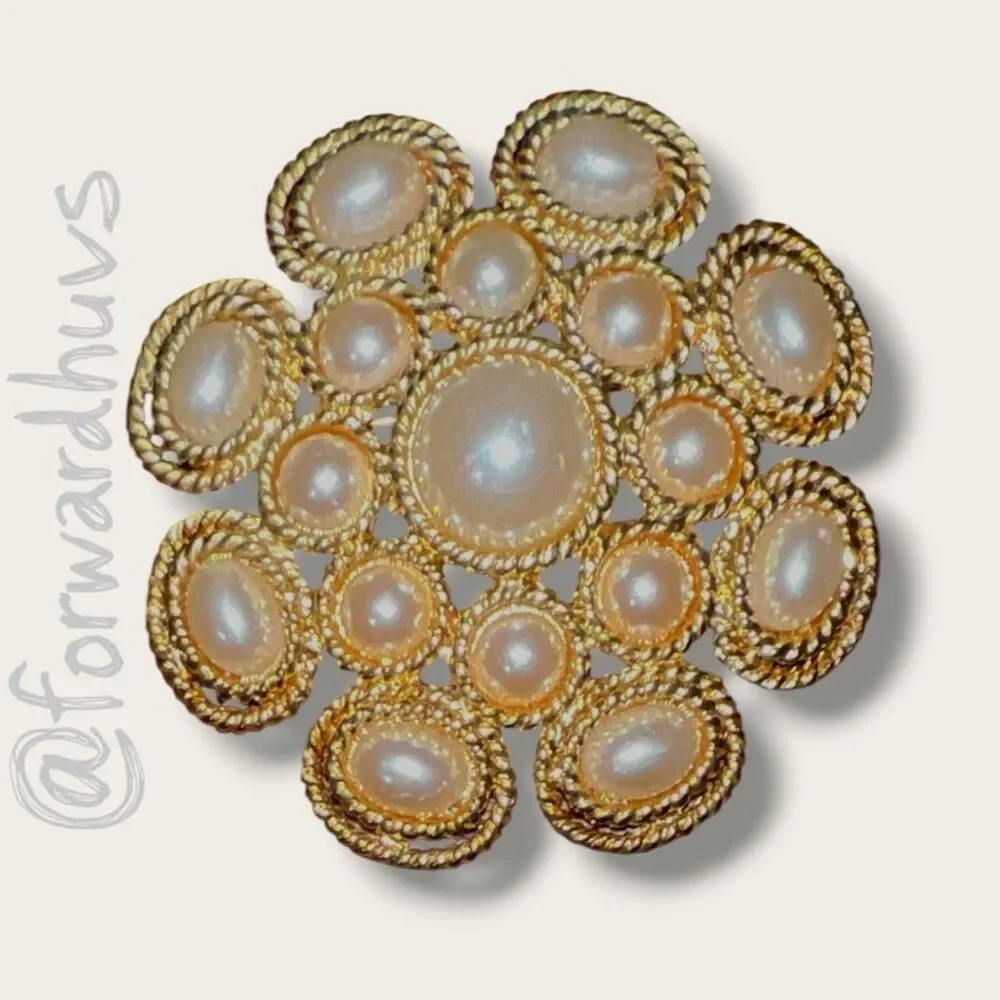 Vintage Gold Tone Faux Pearl Floral Filigree Brooch Pin